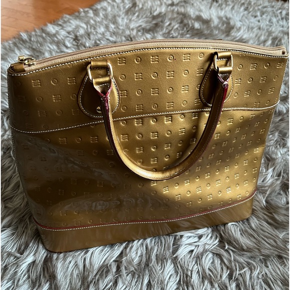 Arcadia Gold Patent Leather Satchel Large Handbag Purse Zip Double Handle Italy - Picture 16 of 16